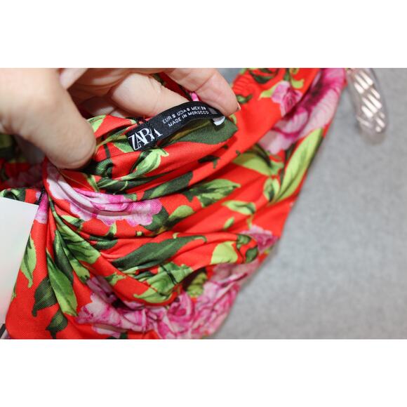 Zara Bodysuit Small Red Floral Print High Cut Sleeveless Summer Beach Vacation - Picture 5 of 6